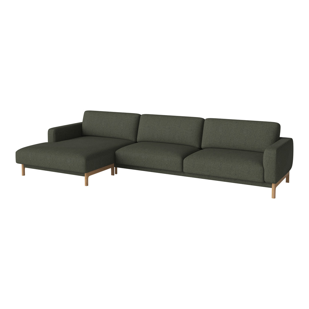 Dark green sofa with a sleek design and clean lines, featuring wooden legs for a modern touch.