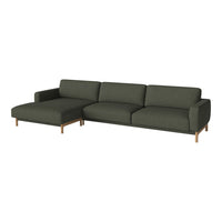 Dark green sofa with a sleek design and clean lines, featuring wooden legs for a modern touch.