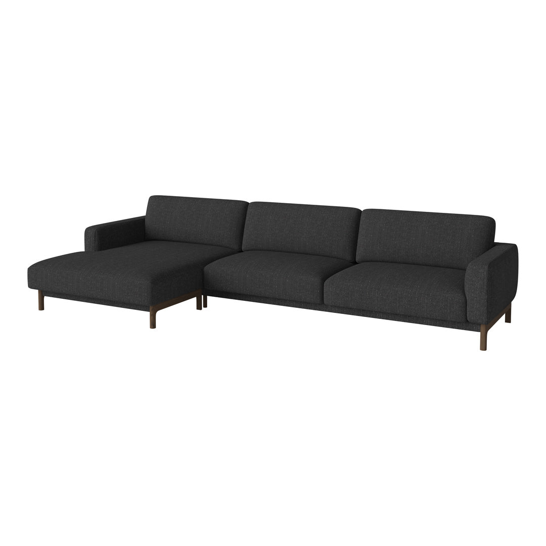 Modern gray sectional sofa with clean lines and a solid pattern, featuring a plush seat and wooden legs.