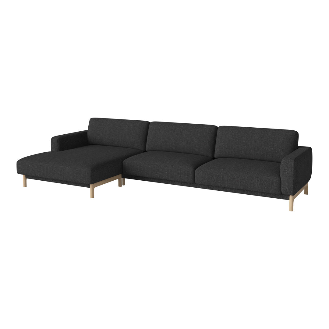 Modern black sectional sofa with clean lines and minimalist design, featuring smooth fabric and wooden legs.
