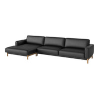 Stylish black sectional sofa with smooth upholstery and light wooden legs, perfect for modern interiors.