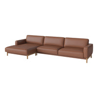 Brown leather sectional sofa with a modern design and smooth, minimalist lines. Gold-toned metal legs for an elegant touch.