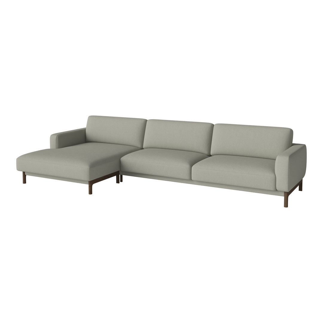 Light gray fabric sectional sofa with clean lines and a minimalist design, featuring a sleek wood frame.