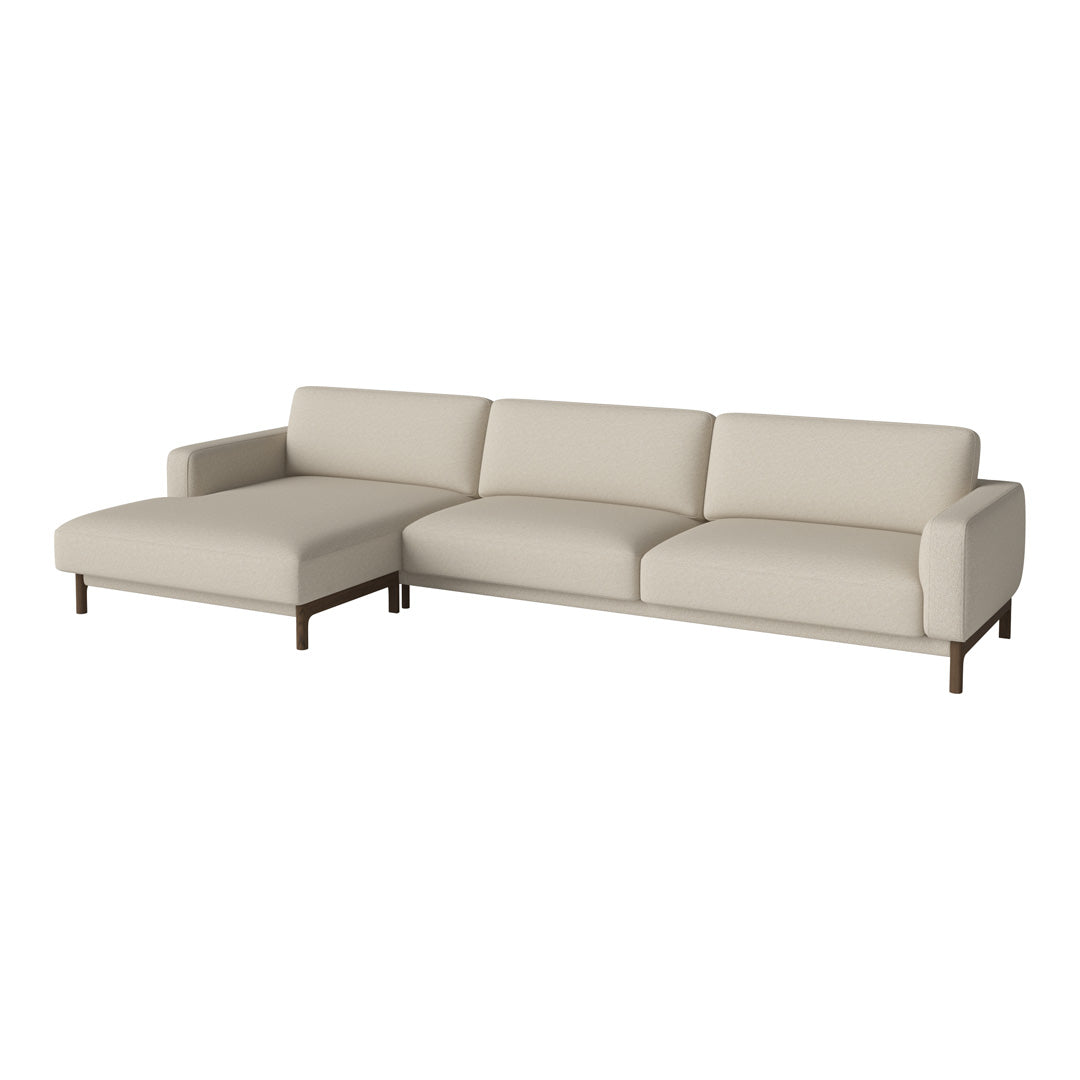 Beige fabric sectional sofa with clean lines and minimalist design, featuring subtle texture and dark wooden legs.