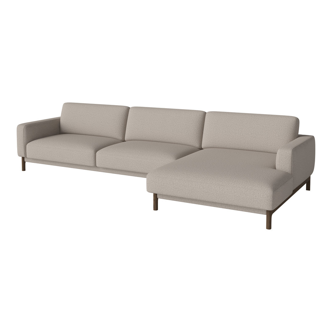 Neutral beige sectional sofa with smooth fabric and minimalist design, featuring a solid wood base.