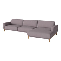 Light gray sectional sofa with a minimalist design and wooden legs, featuring a sleek, smooth fabric finish.