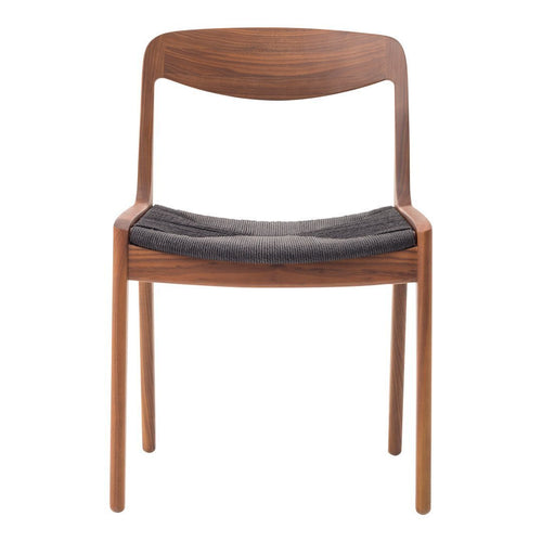 Brown wooden chair with a sleek design and a dark gray cushioned seat. Minimalist and modern aesthetic.