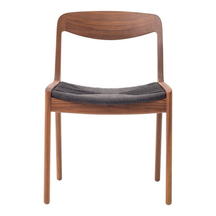 Brown wooden chair with a sleek design and a dark gray cushioned seat. Minimalist and modern aesthetic.