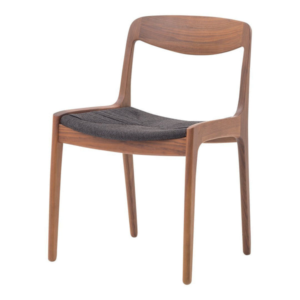 Brown wooden chair with a smooth finish and a dark gray upholstered seat. Minimalist design, no patterns.