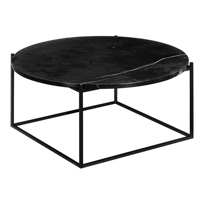Round black marble coffee table with a sleek white veining pattern and a modern black metal base.