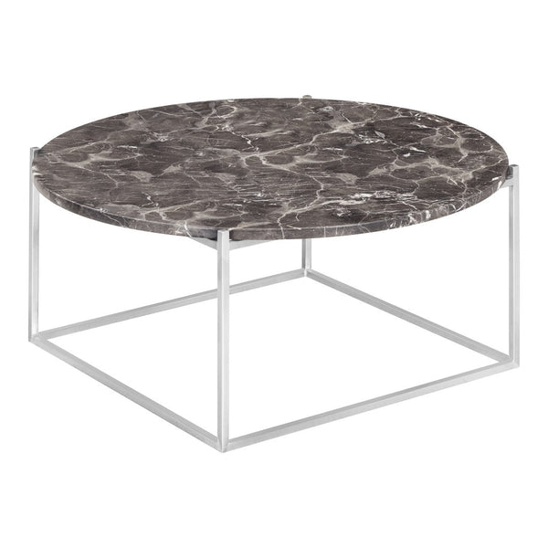 Round marble coffee table with a dark gray surface featuring intricate white veining and a sleek metal frame.