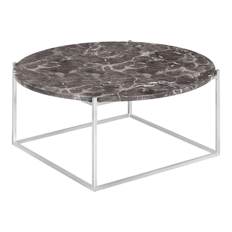 Round marble coffee table with a dark gray surface featuring intricate white veining and a sleek metal frame.