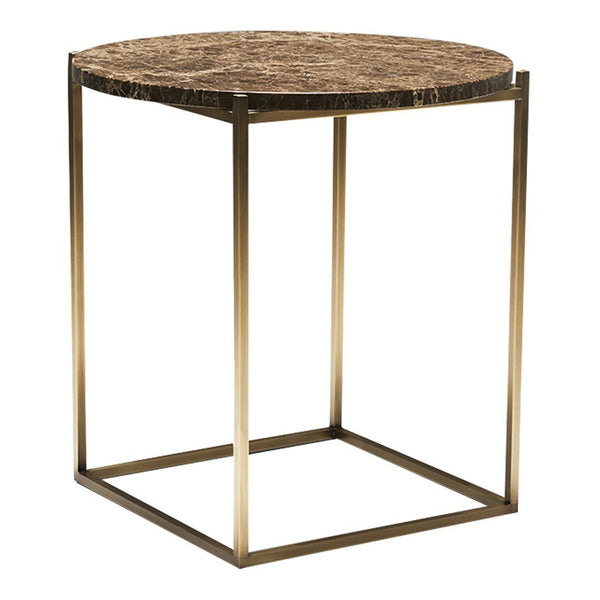Round marble top side table with a rich brown pattern and sleek gold metal frame. Modern and elegant design.