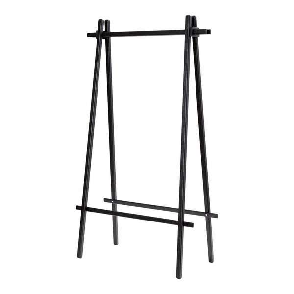 Black wooden easel with simple, modern design, featuring clean lines and an open structure. Perfect for displaying artwork.