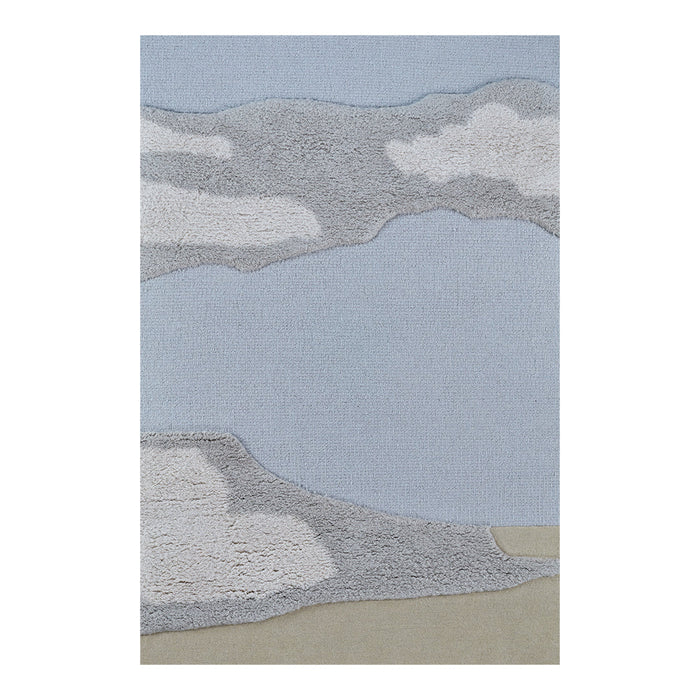 Light blue area rug featuring abstract cloud patterns in gray and beige for a serene atmosphere.