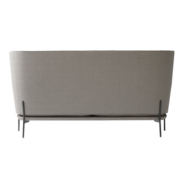 Beige woven fabric couch with sleek black metal legs and a minimalistic design. Perfect for modern decor.