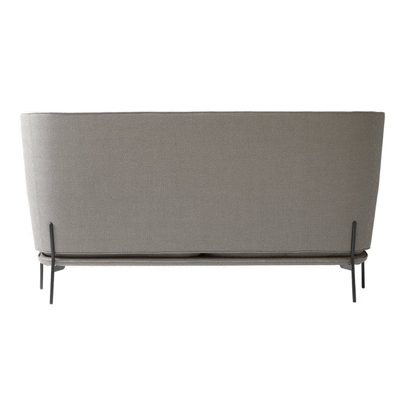 Beige woven fabric couch with sleek black metal legs and a minimalistic design. Perfect for modern decor.