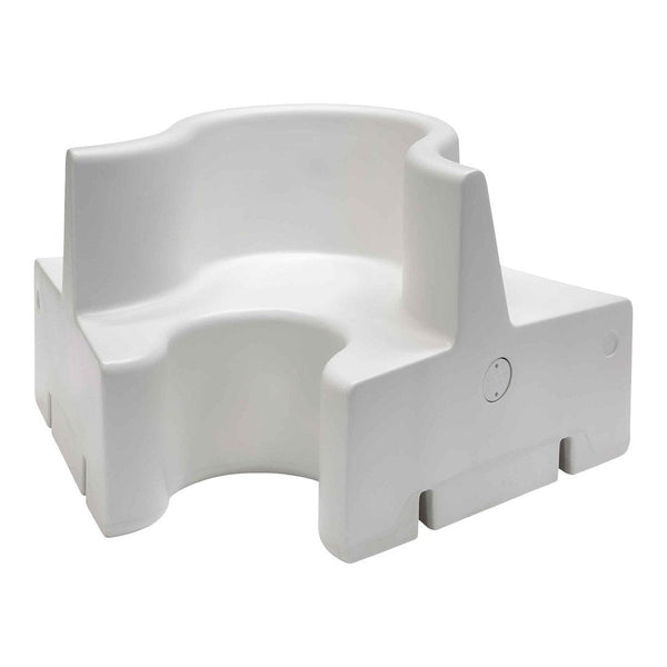 White plastic chair with a minimalist, contemporary design and smooth, solid surface. Ideal for modern decor.