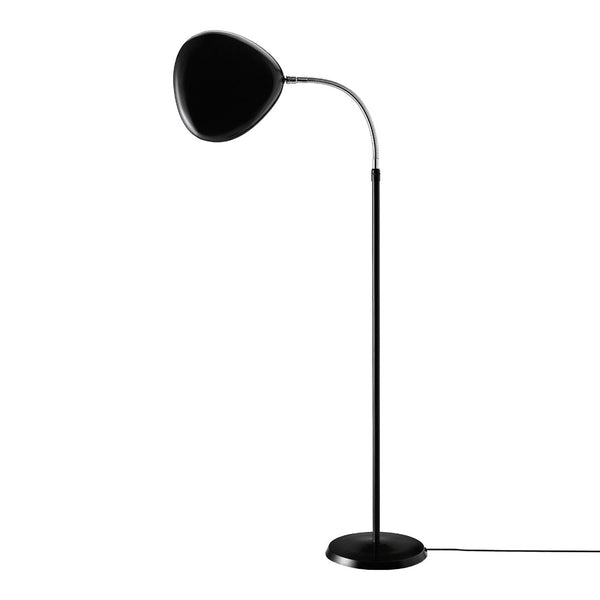 Modern black floor lamp with a sleek, curved design and minimalist style, perfect for contemporary decor.
