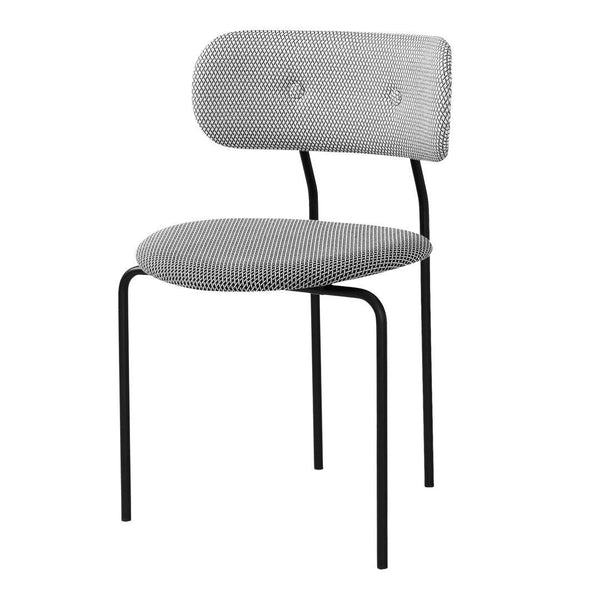 Gray upholstered chair with a textured pattern, featuring a sleek black metal frame.
