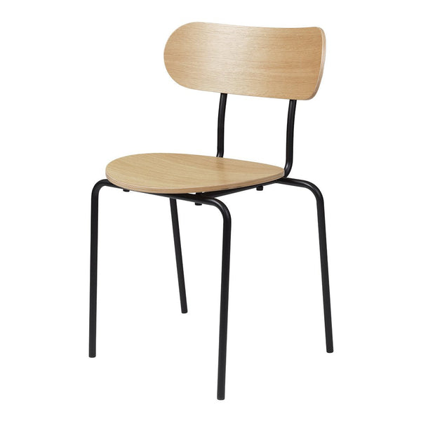 Light wood chair with a smooth finish and sleek black metal legs, showcasing a minimalist design.