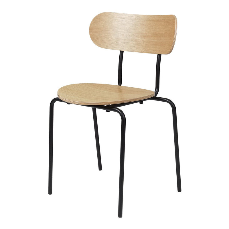 Light wood chair with a smooth finish and sleek black metal legs, showcasing a minimalist design.