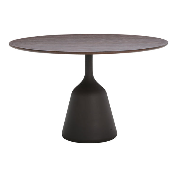 Round wooden table with a dark brown top and smooth black base, featuring a minimalist and modern design.