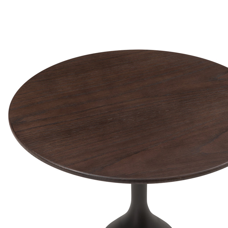 Round dark wood tabletop with a smooth finish, featuring subtle grain patterns and an elegant, modern design.
