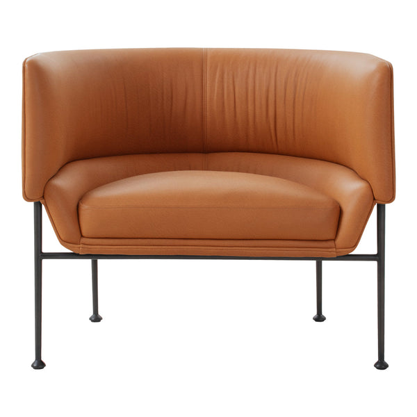 Tan leather curved chair with a smooth texture and black metal legs. Modern design, perfect for stylish interiors.