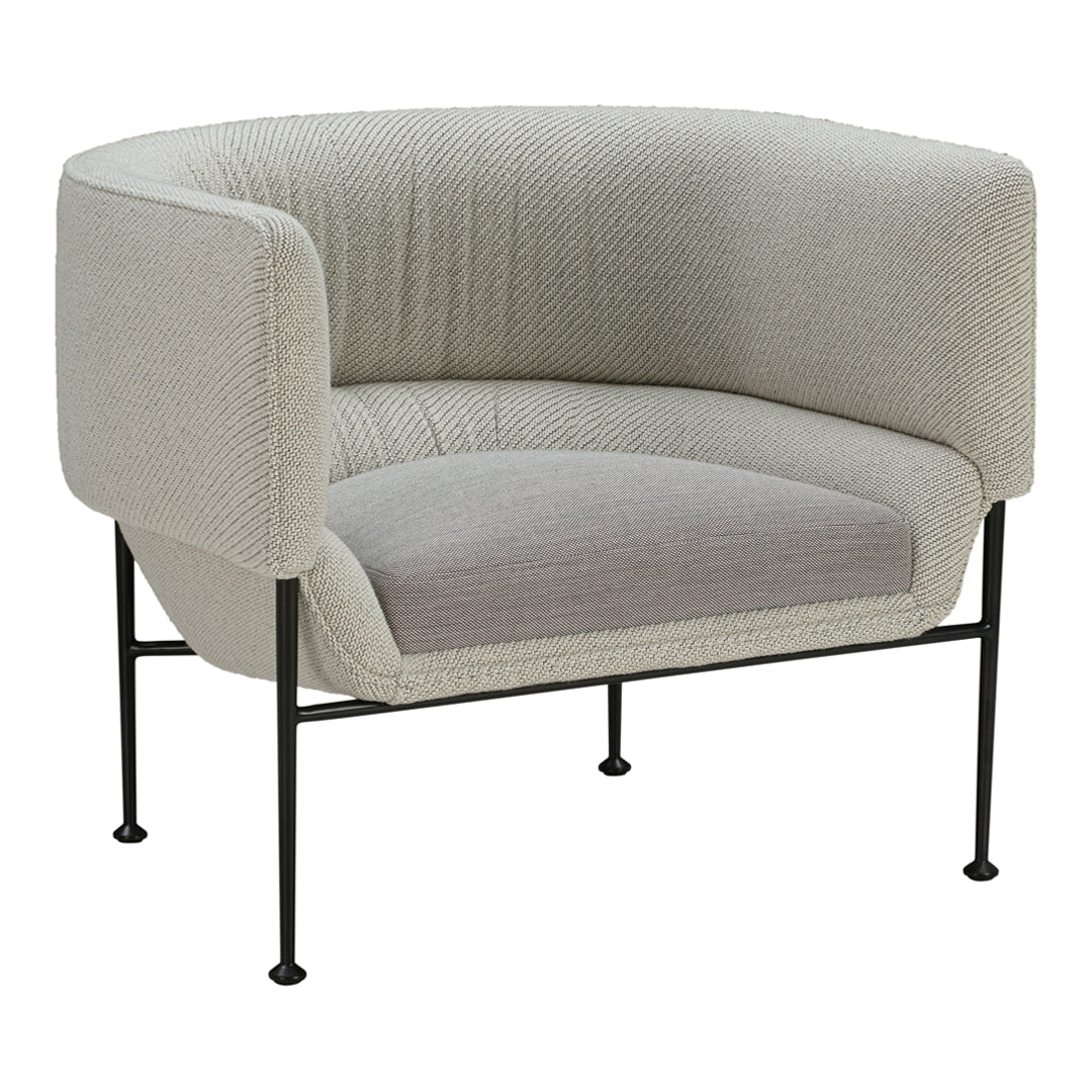 Light gray upholstered chair with woven texture and black metal legs. Minimalist design with contemporary style.