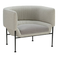 Light gray upholstered chair with woven texture and black metal legs. Minimalist design with contemporary style.