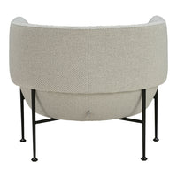 Cream textured fabric chair with curved shape and black metal legs, showcasing a modern minimalist design.