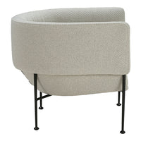 Light gray textured fabric armchair with sleek black metal legs, featuring a modern curved design.