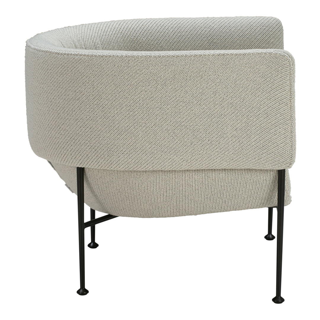 Light gray textured fabric armchair with sleek black metal legs, featuring a modern curved design.