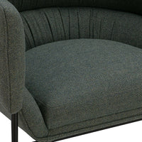 Green textured fabric armchair with pleated detailing and black metal legs. Modern, stylish, and comfortable design.