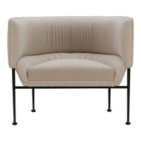 Beige upholstered chair with subtle ribbed texture and sleek black metal legs, perfect for modern decor.