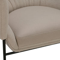 Beige upholstered chair with subtle vertical stitching and a sleek black metal frame.