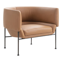Tan leather accent chair with smooth, modern design and black metal legs, perfect for contemporary interiors.