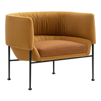 Velvet accent chair in mustard yellow and warm brown hues, featuring a smooth, pleated texture and sleek black legs.