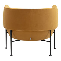 Stylish mustard yellow velvet chair with smooth fabric and sleek black metal legs. Ideal for modern decor.