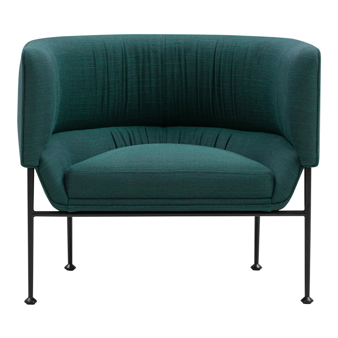 Teal curved chair with a textured pattern and black metal legs. Modern and stylish accent furniture for any room.