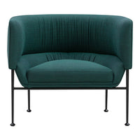 Teal curved chair with a textured pattern and black metal legs. Modern and stylish accent furniture for any room.