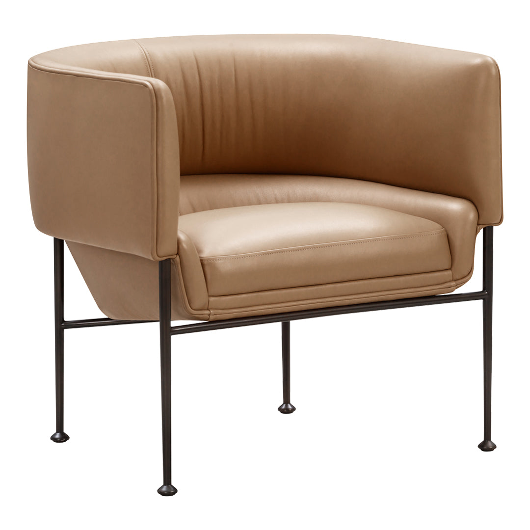 Tan upholstered chair with smooth leather and minimalistic black metal legs, featuring a curved design.