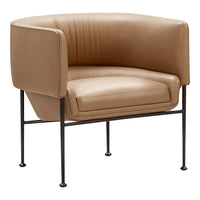 Tan upholstered chair with smooth leather and minimalistic black metal legs, featuring a curved design.