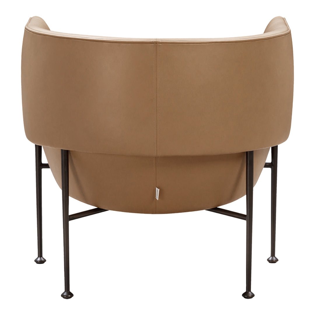 Tan leather chair with smooth upholstery and black metal legs, featuring a minimalist, curved design.
