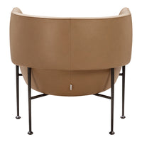 Tan leather chair with smooth upholstery and black metal legs, featuring a minimalist, curved design.