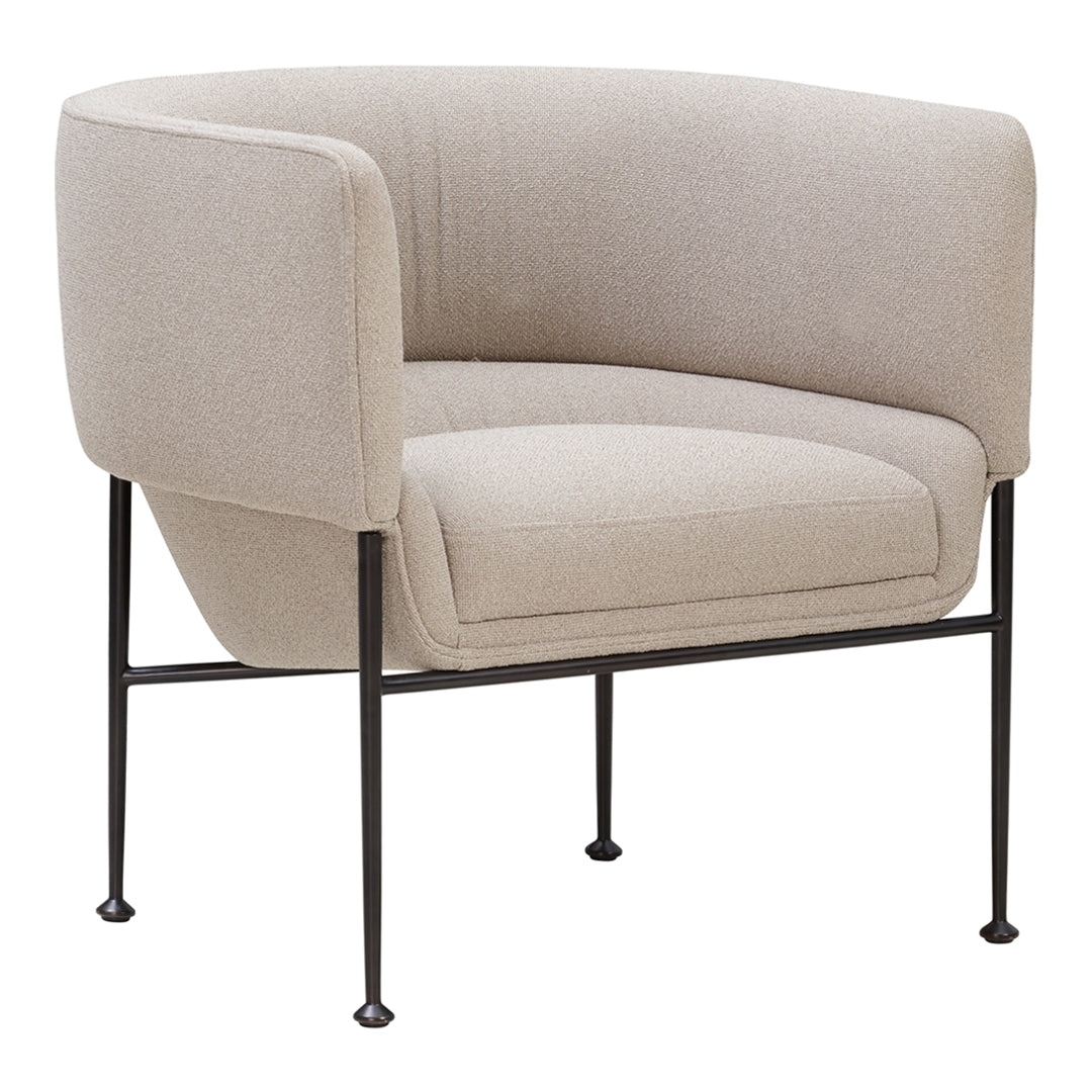 Light beige fabric chair with a simple, modern design and black metal legs. Soft, minimalistic aesthetic ideal for any space.