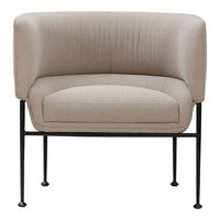 Beige upholstered chair with smooth texture and sleek black metal legs. Elegant, modern design for contemporary spaces.