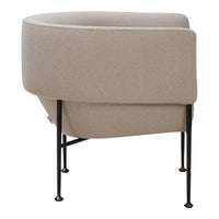 Beige upholstered chair with a smooth, curved design and sleek black metal legs. Perfect for modern decor.