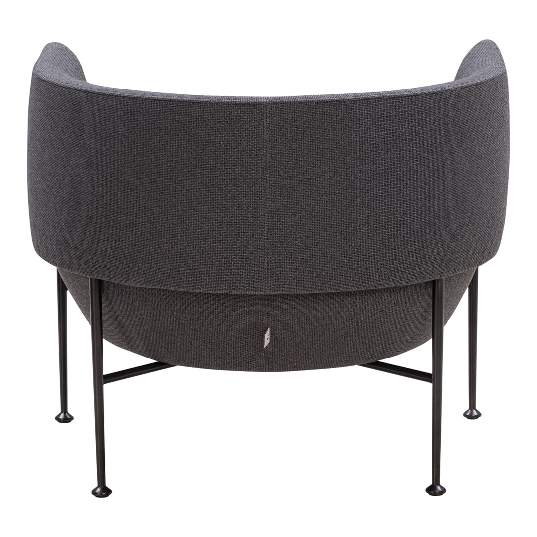 Gray upholstered chair with a smooth, rounded back and sleek black metal legs. Elegant and modern design.